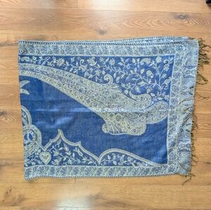 Pashmina Blue And Gold Scarf Shawl Wrap With Fringe